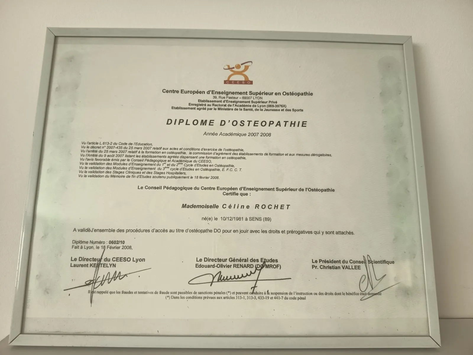 Diplôme d'ostéopathie — CEESO Lyon, 2008